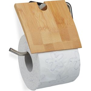 Relaxdays toiletrolhouder - bamboe - metaal - 16 x 16,5 cm - wandmontage - closetrolhouder - natuur