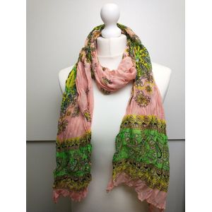 Lange dames sjaal Ireen paisleymotief roze groen zwart wit geel