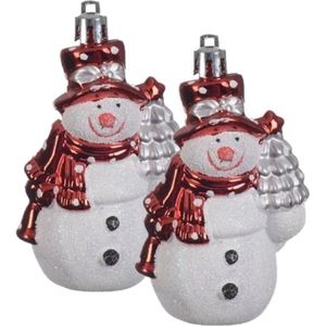 4x Kersthangers figuurtjes sneeuwpop rood 8 cm - Sneeuwpoppen thema kerstboomhangers