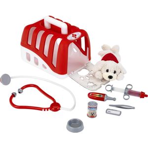 Klein Toys dierenartskoffer met knuffelhond - 24x18.5x16.5 cm - voerbak, stethoscoop, injectiespuit, thermometer, pincet, naamplaatje, blikje - rood wit