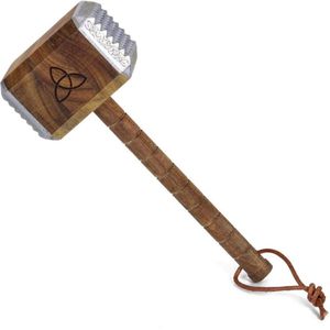Vleeshamer Mjölnir - Thor hamer van acaciahout met dubbelzijdige aluminium doppen - runenversiering