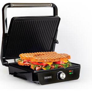 Royalty Line® PG7937 Contactgrill - Groot Panini Grill - Zwevende Bovenplaat - Multifunctionele Grill Apparaat Met Antiaanbaklaag - 2000W - Instelbare Temperatuur - 29 x 24cm - Zwart/RVS