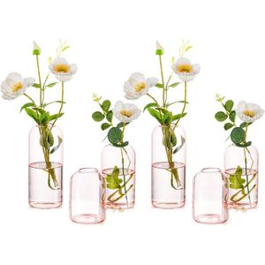 6 x glazen kleine cilindervazen - Hewory moderne Bud slanke roze bloemenvaasset voor bruiloftsdecoratie, vintage transparante minivazen voor woonkamer tafeldecoratie badkamerfeesten, glazen tulpvaas