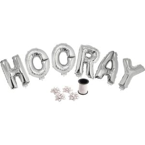 Folie ballonset zilver met letters HOORAY 41 cm + geschenklint 10m met 4 witte strikken