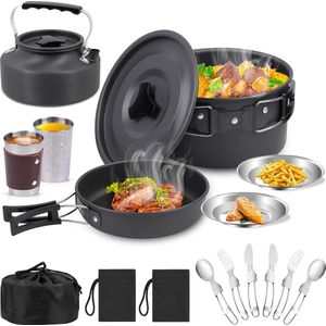 Campingkookgerei set outdoor serviesset opvouwbare kookpannenset steelpan pan theepot voor outdoor picknick camping wandelen (14-delig)