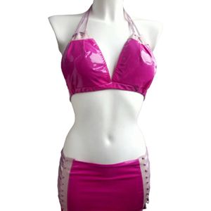 Sexy Set van Datex (Mix latex en stof ) S/M Roze Erotische dames kleding set kostuum shiny nep lakleer Rok Lak glans shiny Gogo Dancing paal dans pak sexy kleding dames erotiek lingerie set