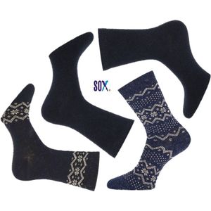 SOX superzachte warme fijne Noorse wollen sokken met Blauwe dessin Mix en effen 4 PACK 37/42