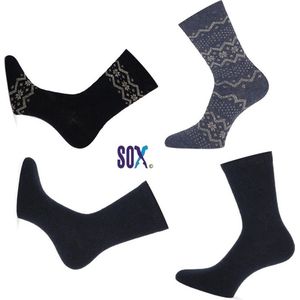 SOX superzachte warme fijne Noorse wollen sokken met Blauwe dessin Mix en effen 4 PACK 37/42