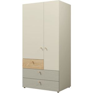 Yuki 2 Kledingkast - Kledingkast met lades - Kledingkast met planken - Kledingkast breedte 90 cm - Kledingkast voor een kamer - Twee-deurs kledingkast - Eucalyptus/Grijsbeige/Geoliede eik