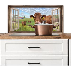 Spatscherm keuken 90x45 cm - Kookplaat achterwand Doorkijk - Koe - Weiland - Landschap - Dieren - Muurbeschermer - Spatwand fornuis - Hoogwaardig aluminium