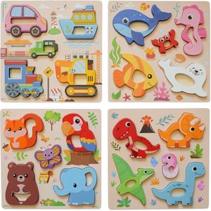 Houten Puzzelset 4 stuks voor Kinderen – Best4Juniors Educatieve 3D Inlegpuzzels 8x8 cm – Houten Speelgoed Cadeau – Voertuigen, Zeeleven, Dieren & Dinosaurussen, het perfecte cadeau voor verjaardagen, babyshowers en kerst