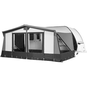 Campout voortent Orion 250 – Luifel - Zonneluifel – Zonwering – Caravan – Schroefloze Bevestiging – Inclusief Tochtstrook, Wielflap, Tentharingen, Ladderspanners en Opbergtas – YKK ritsen – Naadloos Dak – Omloopmaat 901-925 cm - Lichtgrijs