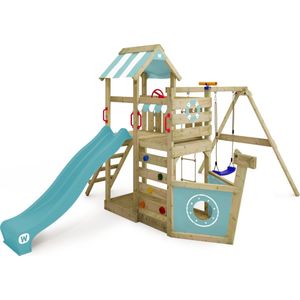 WICKEY speeltoestel klimtoestel SeaFlyer met schommel & pastelblauwe glijbaan, outdoor klimtoren voor kinderen met zandbak, ladder & speelaccessoires voor de tuin