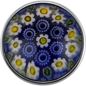 Quiges - Dames Click Button Drukknoop 18mm Bloemen Diep Blauw Glas - EBCM191