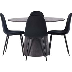 Lanzo eethoek tafel mokka en 4 Polar stoelen zwart.