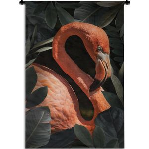 Wandkleed FlamingoKerst illustraties - Portret van een flamingo tussen de bladeren Wandkleed katoen 60x90 cm - Wandtapijt met foto