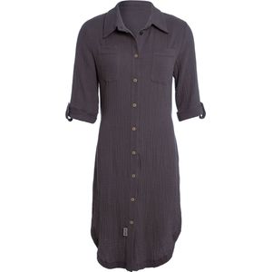 Knit Factory Kim Dames Blousejurk - Lange blouse dames - Blouse jurk donkergrijs - Zomerjurk - Overhemd jurk - L - Antraciet - 100% Biologisch katoen - Knielengte