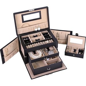 XL Luxe Sieradenbox Met Spiegel - Bijouteriedoos Opbergbox - Juwelen Opbergdoos - Met Reisetui PU Leder Zwart
