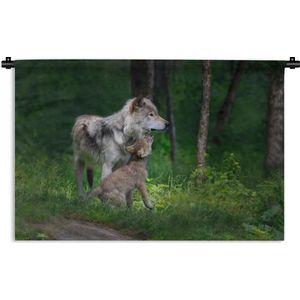Wandkleed Wolven - Grijze wolf met jong Wandkleed katoen 150x100 cm - Wandtapijt met foto