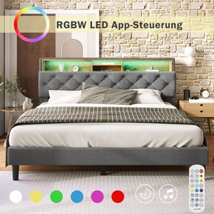 KOMHTOM Volwassenenbed tweepersoons 140x200 hoofdbord met houten lattenbodem met LED verlichting grijs met matras