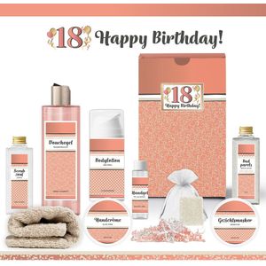 Geschenkset “18 Jaar, Happy Birthday!” - 9 producten - 790 gram | Luxe Cadeaubox voor haar - Wellness Pakket Vrouw - Giftset Vriendin - Cadeaupakket Collega - Cadeau Zus - Verjaardag - Gefeliciteerd Cadeau - Goud - Zalmroze