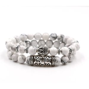 Kralen armband buddha dames heren - Set van 2 - Natuursteen kralen armband - 8mm rond - Zilveren Buddha - Elastisch - Cadeau voor hem of haar - Kralenarmband Wit Marmer