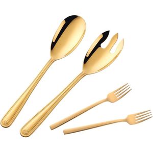30 cm roestvrij stalen slabestek, gouden slalepel en slavork met 2 vorken, saladebestekset, voor thuis en op de camping, vaatwasmachinebestendig