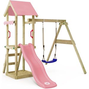 WICKEY speeltoestel klimtoestel TinyWave met schommel en pastelroze glijbaan, outdoor kinderspeeltoestel met zandbak, ladder en speelaccessoires voor de tuin