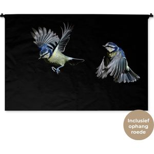 Wandkleed Dieren - Twee vogels op een zwarte achtergrond Wandkleed katoen 150x100 cm - Wandtapijt met foto