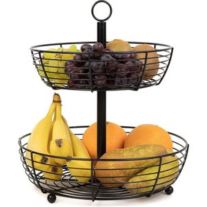 Taartplateau 2-laags zwart mat met grote ronde fruitborden voor presentatie stijlvolle fruitmand 2-laags fruitschaal hoogte 33 cm diameter 29 cm