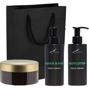 Douchepakket Fresh Ginger - Shower & wash + Bodylotion + Scrubzout 300 gram - 300 ml per fles - set van 3 stuks - met luxe gift tas - cadeau - giftset voor hem en haar