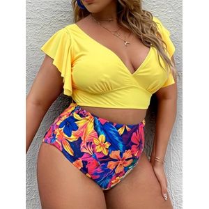 Bikini set- Plus size boho tankini set- ruches mouw V-hals crop top & tropische print tweedelige set- Dames badkleding badpak zwemkleding strandkleding 572- Geel- Maat XL