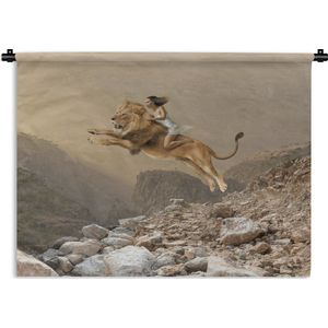 Wandkleed Sprookjesachtig - Meisje rijdt op leeuw Wandkleed katoen 60x45 cm - Wandtapijt met foto