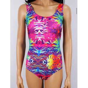 Badpak- Tropische meerkleurige print Zwempak- Badmode Badkleding Bikini Strandkleding Zwemkleding Tank419- Rood Blauw Groen kleurenverloop- Maat 36/XXS
