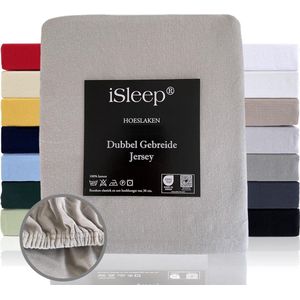 iSleep Dubbel Gebreide Jersey Hoeslaken - Hoge Hoek - Rondom Elastiek - Tweepersoons - 130/140x200 cm - Licht Grijs