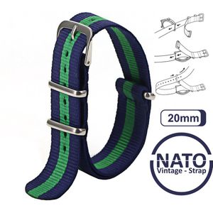 20mm Nato Strap Blauw met Groene streep - Vintage James Bond - Nato Strap collectie - Mannen - Horlogebanden - Blue Green - 20 mm bandbreedte voor oa. Seiko Rolex Omega Casio en Citizen