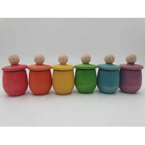 Houten poppetjes in bakjes - Regenboogkleuren - 6 stuks - Open einde speelgoed - Educatief montessori speelgoed - Grapat en Grimms style