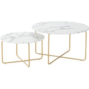 Marmeren salontafel - rond - marmeren tafel voor woonkamer - salontafel - set van 2 - ronde tafel met champagnegouden frame en plaat in marmerlook
