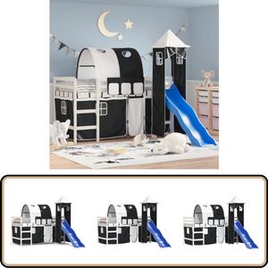 vidaXL Kinderhoogslaper met toren 90x200 cm grenenhout wit en zwart