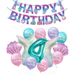 Snoes - Zeemeermin Feest Set - Ballonnenpakket met Happy Birthday Slinger - Turquoise Mint Cijfer Ballon 4 Jaar