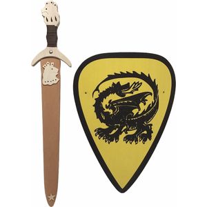 houtenzwaard met schede Leeuw en ridderschild geel met draak kinderzwaard schild houten ridder zwaard