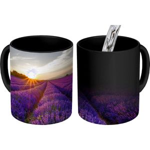 Magische Mok - Foto op Warmte Mokken - Koffiemok - Lavendel - Bloemen - Zonsondergang - Paars - Magic Mok - Beker - 350 ML - Theemok