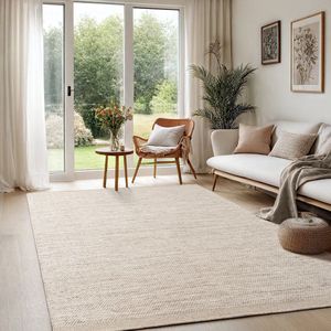 the carpet Deluxe Wol Handgeweven wollen vloerkleed in een natuurlijke Scandinavische boho-look, Taupe, 120 x 170 cm