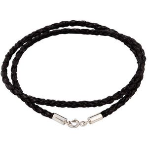 AuBor ®. Gevlochten leren ketting met zilveren sluiting.  Zwart. 4mm × 70cm