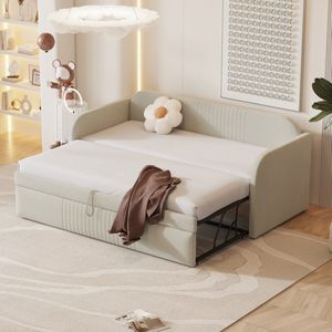 Sweiko Gestoffeerde Slaapbank 90/180x190cm, met Verticale Strepen, met Platte Noedelslijst, Multifunctioneel bed, comfortabel en ademend linnen, Beige (excl. matras)