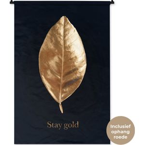 Wandkleed Golden leaves staand - Blad van goud met de quote - Stay gold Wandkleed katoen 90x135 cm - Wandtapijt met foto