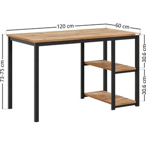 FurniChic- Computertafel - PC Tafel - Bureautafel met 2- Legplanken Rechts of Links - voor Kantoor - Woonkamer - Stalen Frame - Industrieel - E1 Certified-Bruin - 120X60X73(lxbxh) cm