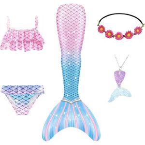 Zeemeermin Zwem Outfit - Maat: 140 - Exclusief Monovin - Bikini & Zeemeerminnen Vin - Inclusief Haar Accessoires - Zwemkleding Meisje - Roze & Blauw - Hoge Kwaliteit - Zeemeermin / Mermaid Outfit - Zwemmen / Strand - Bikini / Badpak