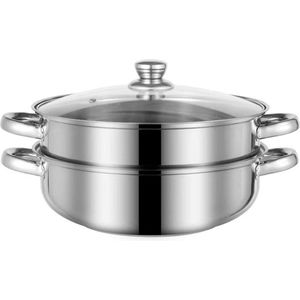 Stoompan voor koken, 18/8 roestvrij stalen stoompot, voedselstomer 11 inch stoompots met deksel 2-tier voor het koken van groenten, zeevoedsel, soepen, stammen en pasta