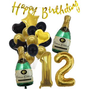 12 Jaar Verjaardag Cijferballon 12 - Feestpakket Snoes Ballonnen Pop The Bottles - Zwart Goud Groen Versiering